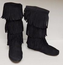 Minnetonka Mocc ASIN S Boots 3 Layer Fringe Black 1639 Suede Leather Size 7 Vtg - £37.92 GBP
