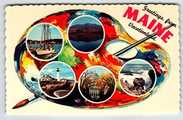 Postcard Greetings From Maine Chrome Paint Pallet Paintbrush Scalloped Edge 1963 - £7.02 GBP