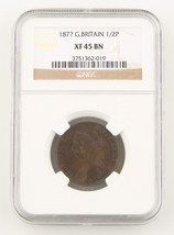1877 Gran Bretaña 1/2 Penny Bronce Moneda XF-45 Bn NGC Victoria Medio Cent Km # - £166.77 GBP