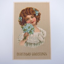 Postcard Birthday Greeting Antique Girl White Dress Blue Ribbon Flowers ... - £8.00 GBP