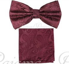 New Men Burgundy BUTTERFLY Bow tie And Pocket Square Handkerchief Set We... - £8.54 GBP