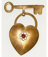 Vintage Gold Tone Heart &amp; Key Brooch - $10.00