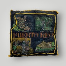 Fringed Pillow Puerto Rico Painting Velvet Souvenir 1940&#39;s 1950&#39;s - £19.45 GBP