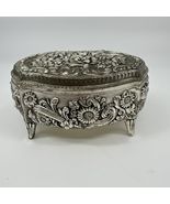 Vintage Silver Tone Floral Footed  Jewelry Trinket Box Cottage Core Vict... - $15.00