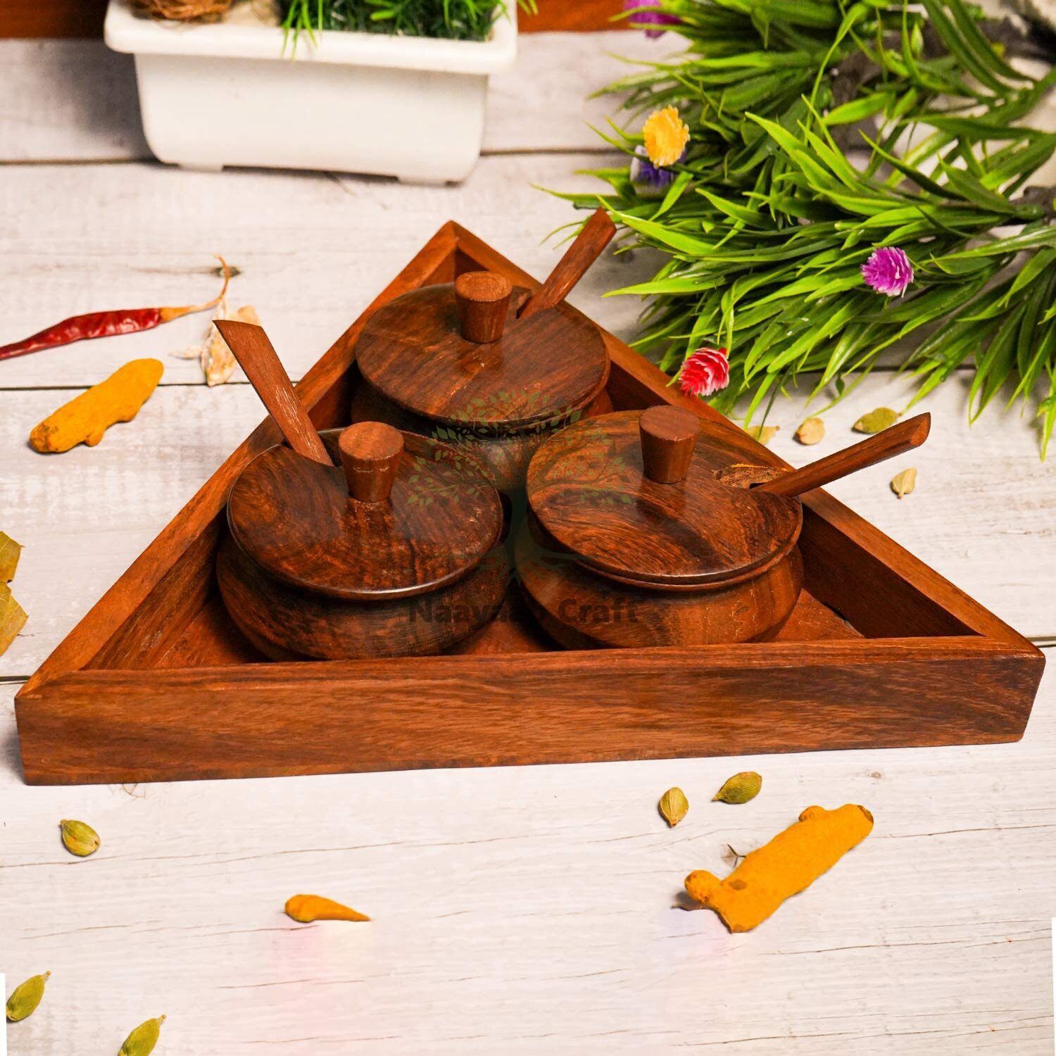 Primary image for Sheesham Wood Triangular Spice Jars Set Handmade & Handcrafted With Tray , Spoon