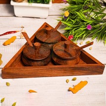 Sheesham Wood Triangular Spice Jars Set Handmade &amp; Handcrafted With Tray , Spoon - £31.27 GBP