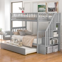 Twin over Twin Bunk Bed with Trundle and Storage, Gray - £497.74 GBP