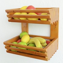 2 Tier Fruit Basket Handmade Natural Wood Holder Rack Vegetable Storage Stand - £28.16 GBP+