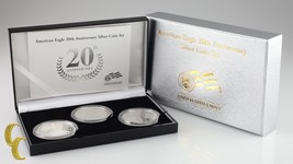 2006 Silber American Eagle 20th Jubiläum 3-Coin Set W / Etui &amp; COA - £291.21 GBP