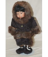Genuine Porcelain Native Eskimo Doll Dressed Fur Beaded Accents with Stand - £46.73 GBP