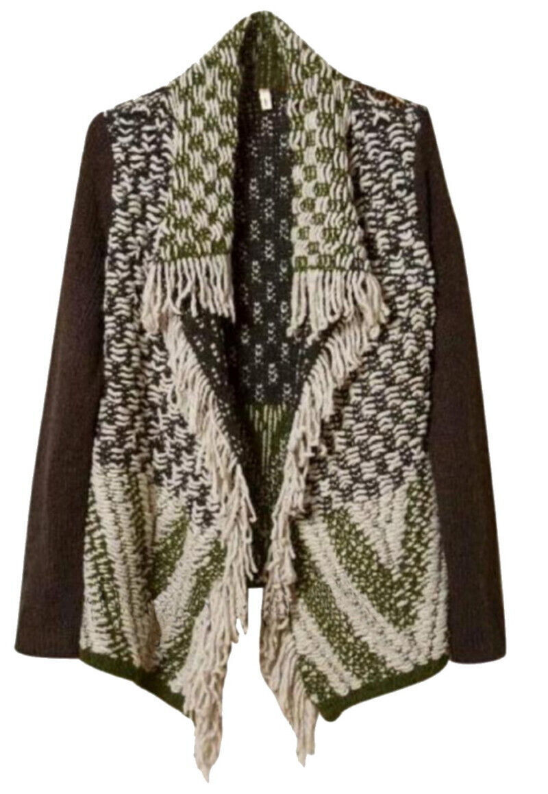 Primary image for Anthropologie Jacquard Knit Cardigan Green Petite Large P10 Wool Blend Fringe