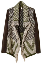 Anthropologie Jacquard Knit Cardigan Green Petite Large P10 Wool Blend Fringe - £53.14 GBP