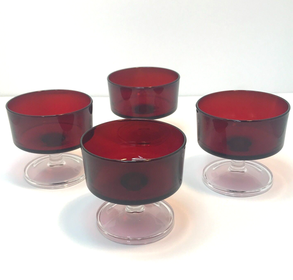 Primary image for Ruby Red Dessert Champagne Glasses Sherbet Cup Luminarc Made in France Set 4 VTG