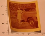 Vintage Photo of a woman leaning on an old car 1948 Sepia BI1 - $4.94