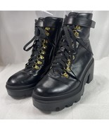 Womens Black Combat Boots Size 7 Lace-Up Loop w/Zip-up Close Chunky Plat... - $363.55 MXN