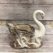 Vintage Mid Century White Ceramic Swan Figurine Planter Dish Gold Accents 1950s - $28.95