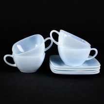 Fire King Charm Azurite Blue Square Cups &amp; Saucers 4 Sets Vintage Anchor Hocking - £39.50 GBP