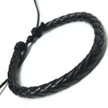 BLACK FAUX LEATHER BRACELET Surfer Style Braided Adjustable Hemp Cord Me... - $3.95