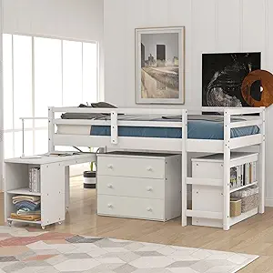 Merax Twin Loft Bed with Cabinet and Rolling Portable Desk - White - $924.99