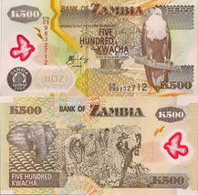 Zambia P43, 500 Kwacha, fish eagle / elephant, 2009 UNC - POLYMER - $1.34 CAD