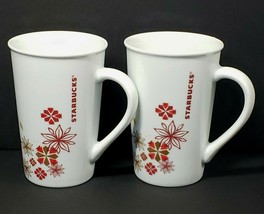 Starbucks Poinsettia Snowflake Christmas 12 oz. Coffee Mug Cup Set of 2 - £21.46 GBP