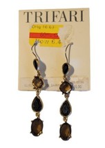 Vintage Trifari Black &amp; Topaz Glass  Goldtone Dangle Earrings Teardrop Oval NEW - £19.65 GBP