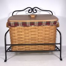 LONGABERGER Newspaper Basket Wrought Iron Stand Liner Protector Wood Shelf & Lid - $249.99