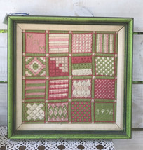 70s Retro Vtg MAM Signed Framed Finished Patchwork Embroidery 13&quot; Sq. Lime Pink - £28.09 GBP