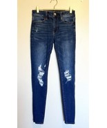 American Eagle Next Level Stretch Jeans Sz 2 Long Blue Distressed Jeggings - £15.77 GBP