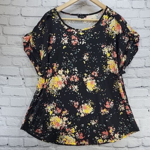Primary image for AUW Top Womens Plus 2X Black Yellow Floral Short Dolman Sleeve Tunic 