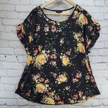 AUW Top Womens Plus 2X Black Yellow Floral Short Dolman Sleeve Tunic  - £12.47 GBP