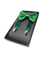 St Patricks Day Sequin Green Suspenders & Bowtie Set - Shiny Green Sequined Tie - £10.21 GBP