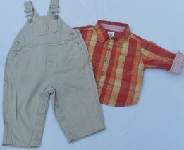 Vintage Baby Gap 2 PC Bib Overalls &amp; Plaid Shirt COTTON Bear Logo Snap leg 6-12m - £19.98 GBP