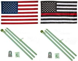 AES 3x5 USA &amp; Thin Red Line Embroidered Nylon Flag Aluminum Pole Kit Ball 3&#39;x5&#39;  - £43.15 GBP