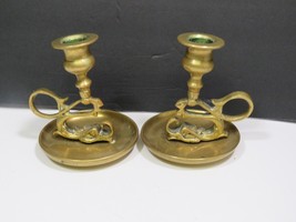 Pair Antique Brass Dolphin Candlesticks Finger Loop Handle Candle Holder... - $91.08
