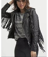 Nueva chaqueta de cuero de piel de oveja negra para mujer chaqueta con f... - $188.32 CAD+