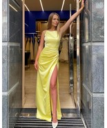 New arrival Mermaid Yellow Satin Long Prom Evening Dresses with Side Slit - £108.92 GBP