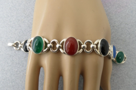 Sterling Silver Colorful Jeweled Bracelet 7.5&quot; Onyx Carnelian Agate Cabo... - £39.26 GBP