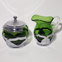 Vintage Farber Bros Krome-Kraft Green Glass Creamer &amp; Lidded Sugar Bowl Set - £14.15 GBP