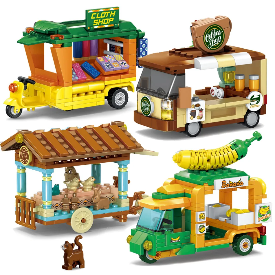 4Pcs/Set Moving Dining Car Shop Coffee Truck Takeaway Vehicle Building Blocks - £45.26 GBP
