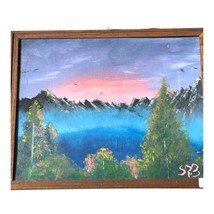 Vintage Hand Painted Mountain Picture Landscape Oil Painting Sunset 21” X 17” - £59.78 GBP