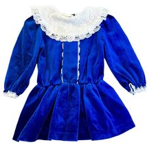 Evy Vintage Soft Velvet Blue Dress White Collar Lace Trim 4T - $525.66 MXN
