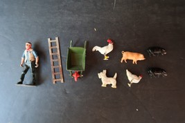 Vtg Metal Miniature Figurines Barn Animals Farmer Man Wheelbarrow Ladder - $456.43 MXN