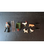 Vtg Metal Miniature Figurines Barn Animals Farmer Man Wheelbarrow Ladder - $35.03 CAD