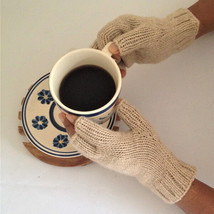 Alpaca Gloves - Soft Warm Fair Trade Hand Knit Fingerless Beige Wool Mittens - £34.35 GBP