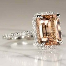 3.5Ct Emerald Cut Peach Morganite Halo Diamond Engagement Ring 14K White Gold FN - £78.44 GBP