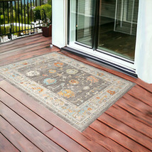 2&#39; X 3&#39; Gray and Orange Floral Stain Resistant Indoor Outdoor Area Rug - $82.99