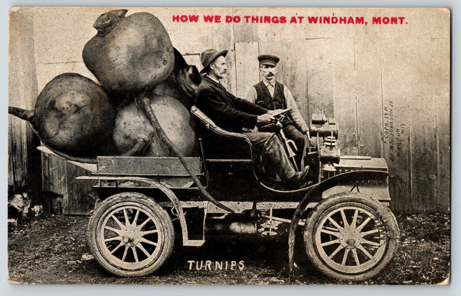 Primary image for Exaggeration Postcard How We Do Things in Windham Montana Giant Turnips in Car