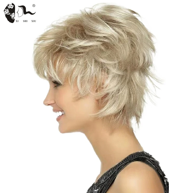 Short Mixed Blonde Brown Synthetic Wig With Bangs For Women Pixie Cut Natur - £17.74 GBP+