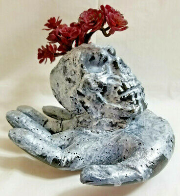 Handcrafted Cement Hand &amp; Skull Sculpture by Bren Indoors or Outside Gar... - $43.99
